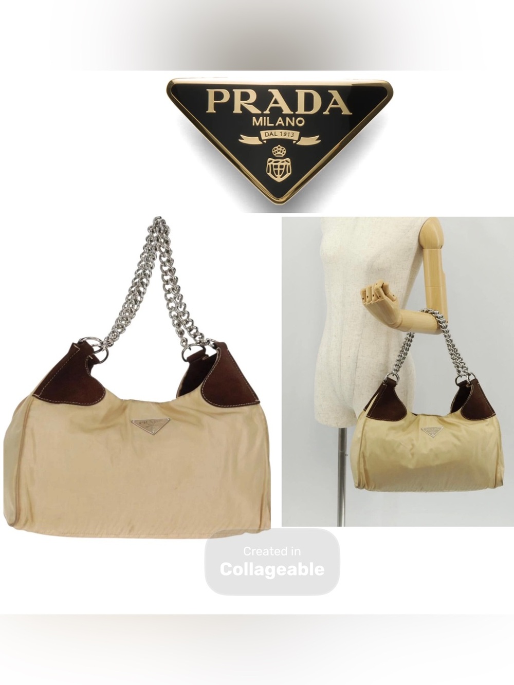 Prada Milano Beige Nylon Brown Suede Shoulder Bag Silver Chain Sophisticated